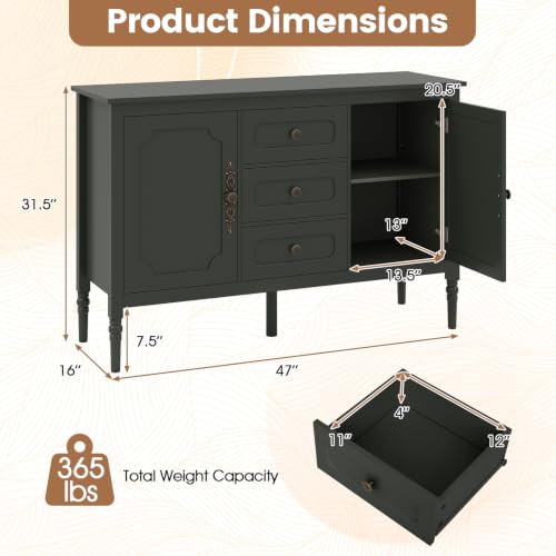 47" Buffet Cabinet with Storage, 3-Drawer Sideboard Cabinet, Green, view 3