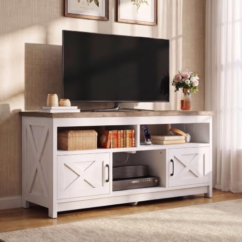 Farmhouse TV Stand, Charging Hub for 65 Inch TV, Grey Washed & White, view 2