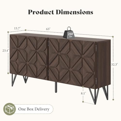 63" Solid Wood Buffet Cabinet with Hand Carved Doors, Dark Walnut, view 3
