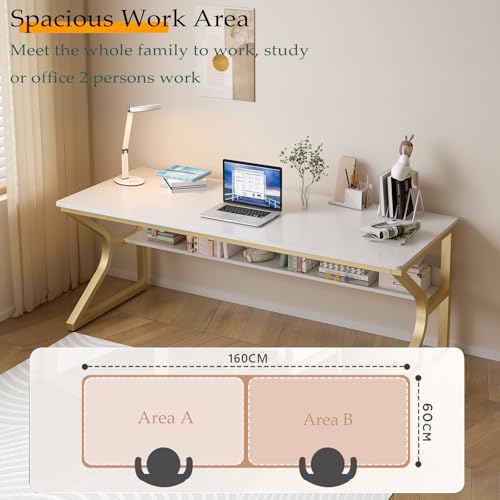 Extra Long Desk with Bookshelf - 63" Double Long Writing Table for 2-Person Workstation, Modern Study Work Computer Desk for Home and Office, Gold