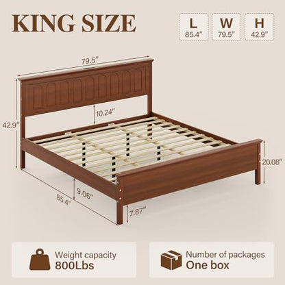 King Size Platform Bed Frame with Headboard, Brown, view 3