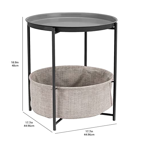 Round Storage End Table, Nightstand for Bedroom or Living Room, Easy Assembly, with Cloth Basket, Charcoal/Heather Gray, 17.7 x 17.7 x 18.9 in | Side Table