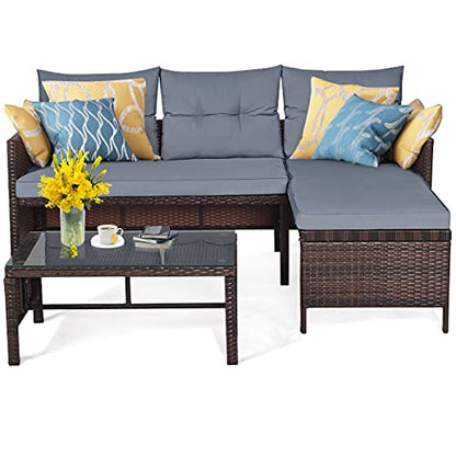 3 Pieces Patio Furniture Set, Sectional Rattan Wicker Sofa Set with Steel Frame & Seat Cushion, Outdoor Conversation Set for Garden Lawn Pool Backyard