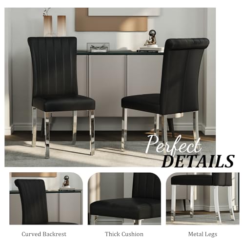 Black and Silver Dining Chairs Set of 2,Leather Upholstered Chairs