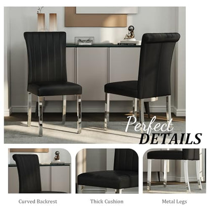 Black and Silver Dining Chairs Set of 2,Leather Upholstered Chairs