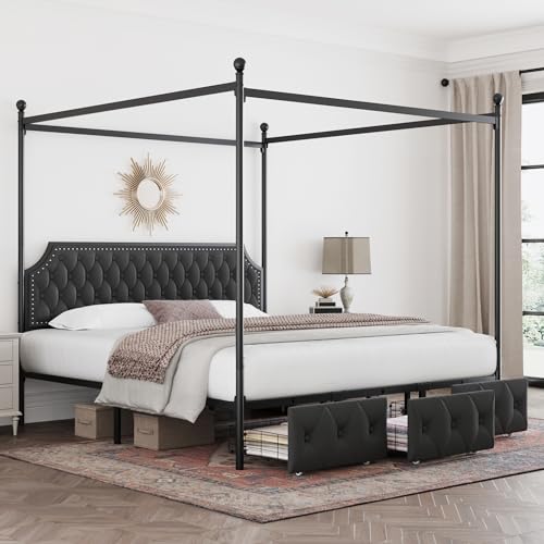 King Upholstered Canopy Bed Frame with 3 Storage Drawers & Button Tufted, view 6
