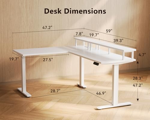 Electric L-Shaped Standing Desk, 59 Inch Height Adjustable Office Desk with Monitor Stand, Sit-Stand Desk with Power Outlets, Large Lift Table for Home, Office, Workstation, White