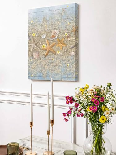 NuYeBiofx Summer Starfish Shell Conch Canvas Wall Art Prints,30"x20" Framed Picture Artwork Beach Flower Blue Wood Board Printed Canvas Oil Painting for Living Room Bedroom Office,Ready to Hang
