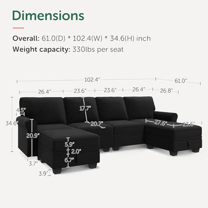 Sectional Sofa with Storage Seat Velvet U Shaped Couch with Reversible Chaise Convertible Sectional Couches for Living Room,Black Velvet