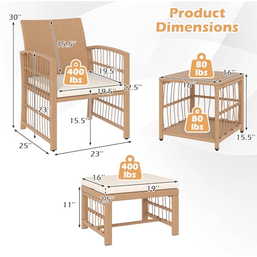 5 Pieces Patio Wicker Conversation Set, Outdoor Furniture Set with 2 Armchairs, 2 Ottomans & 2-Tier Side Table, Outside Rattan Cushioned Sofa Set for Deck, Backyard, Porch or Poolside