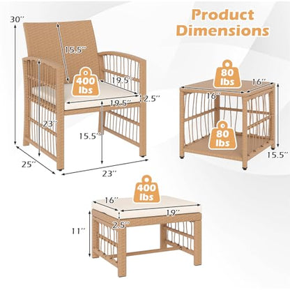 5 Pieces Patio Wicker Conversation Set, Outdoor Furniture Set with 2 Armchairs, 2 Ottomans & 2-Tier Side Table, Outside Rattan Cushioned Sofa Set for Deck, Backyard, Porch or Poolside