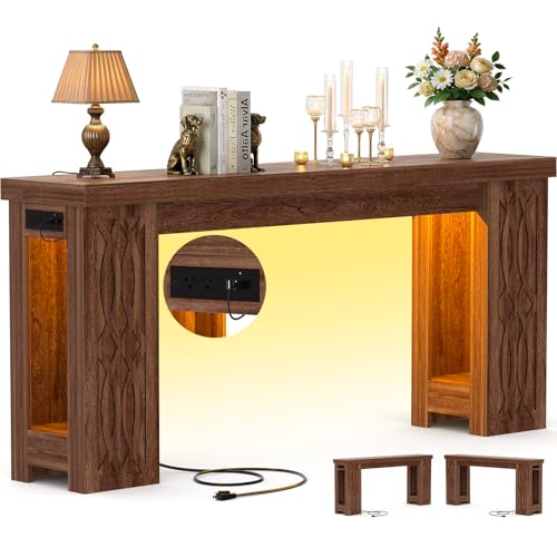 63" Console Table with Outlet, Farmhouse Entryway Table with Colorful LED Lights, Wooden Sofa Table with Unique Carved Design, Foyer Accent Table for Entrance, Hallway, Living Room