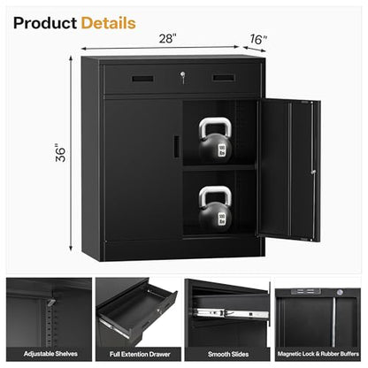 Metal Storage Cabinet 36" H, Locking Storage Cabinet with 1 Drawer and Adjustable Shelf, Garage Storage Cabinet for Home Office, Garage, School, Apartment, Warehouse