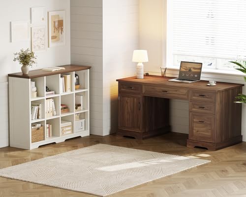 Farmhouse 59 Inch Executive Desk with Drawers, Walnut, view 4