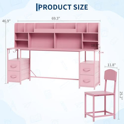 69" Double Kids Desk and Chair Set with Hutch & 4 Storage Drawers, view 3