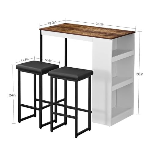 3 Piece Dining Table Set Kitchen Bar Table with Two Stool Storage Shelves Wood Counter Height Table Top with Sew Kerf Finish Dining Room Home