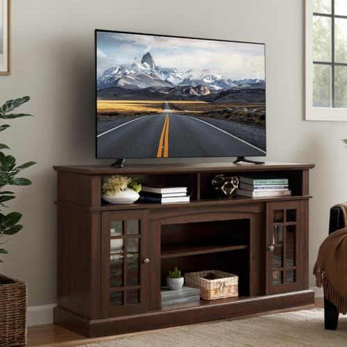 Traditional American Country Style TV Stand with Glass Door, 58"W Large Entertainment Center with Open Shelves, Home Entertainment Console Table for TV Up to 65'', Rack for Living Room (Espresso & 2)