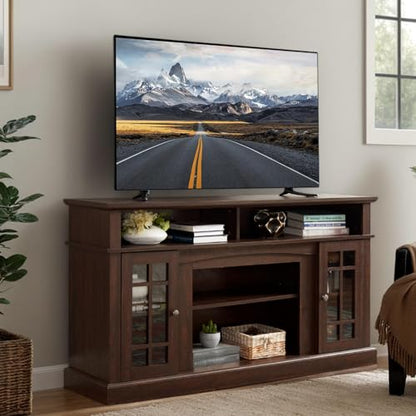 Traditional American Country Style TV Stand with Glass Door, 58"W Large Entertainment Center with Open Shelves, Home Entertainment Console Table for TV Up to 65'', Rack for Living Room (Espresso & 2)