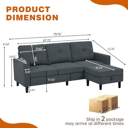 80" Convertible Sectional Sofa Couch with Movable Ottoman, 3 Seats Sectional Sofas L Shaped Couch for Small Spaces, Soft Fabric Couch for Living Room (Dark Grey)