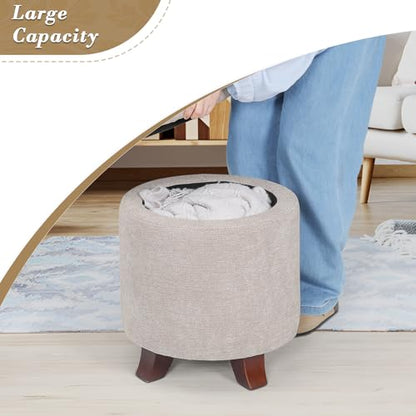 15 Inch Small Ottoman with Storage, Round Linen Fabric Storage Ottoman Foot Rest with Removable Lid, Multipurpose Footstool Footrest for Living Room, Bedroom, Dorm, Khaki