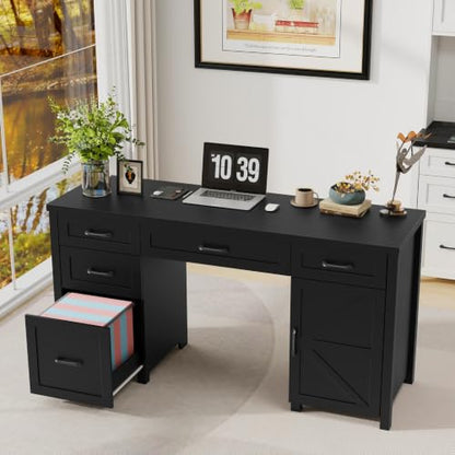 Farmhouse 61'' Rustic Office Desk with 5 Drawers.Pure Black, view 5