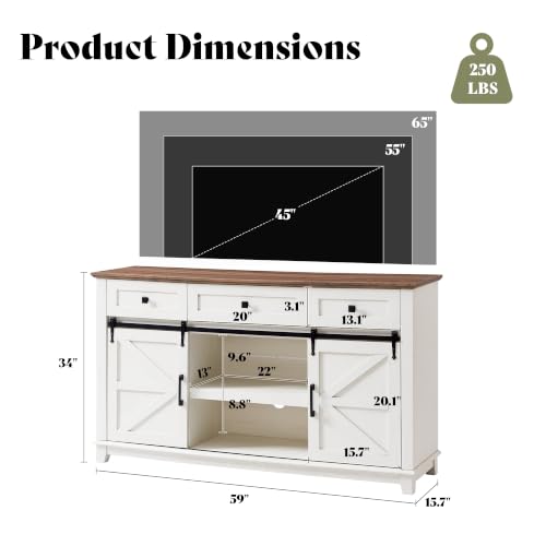 59" Farmhouse TV Stand with Storage Drawers, White & Barnwood, view 3