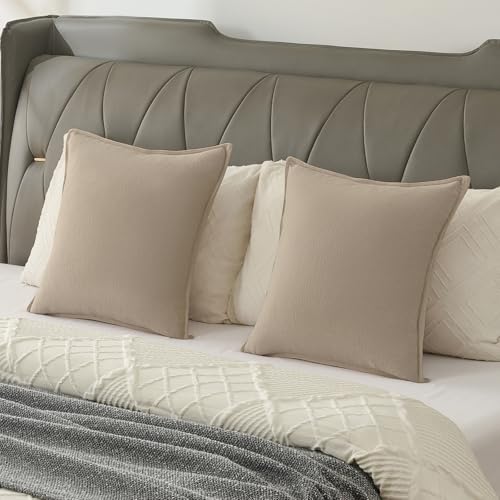 Pack of 2 Solid Chenille Throw Pillow Covers 24x24 Inch Soft Edge Decorative European Cushion Cases Farmhouse Accent for Couch Bed Living Room, Oatmeal