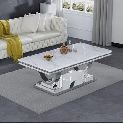 46.8" Coffee Table with Marble Top, Modern Rectangular Faux Marble Coffee Table with Silver Stainless Steel Base, Luxury White Cocktail Center Tea Table for Living Room