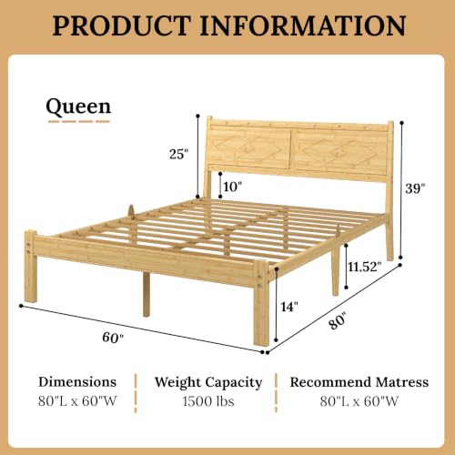 14 inch Bamboo Wood Ergonomic Slant Queen Bed Frame with Headboard, view 3