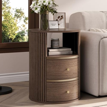 Walnut Round End Table with Storage, Open Shelf and 2 Drawers | 24" Tall Sofa Side Table, Mid Century Modern Nightstand for Living Room, Bedroom, Beside Sofa, Accent Piece, Easy Assembly