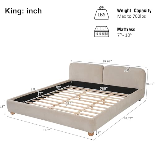 King Size Upholstered Bed Frame with Bouclé Fabric, Thick Curved Headboard, view 3