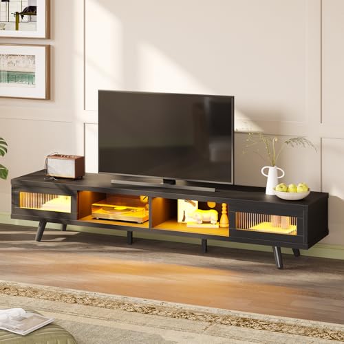 Mid Century Modern 75 Inch LED TV Stand with Sliding Doors, Black, view 2