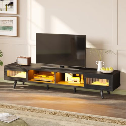 Mid Century Modern 75 Inch LED TV Stand with Sliding Doors, Black, view 2