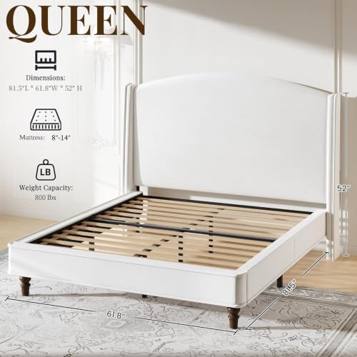 Queen Bed Frame, 52" Elegant Wingback Headboard, Beige, view 3