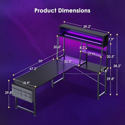 59 Inch L Shaped Gaming Desk with Display Shelves, LED Lights, Black, view 4