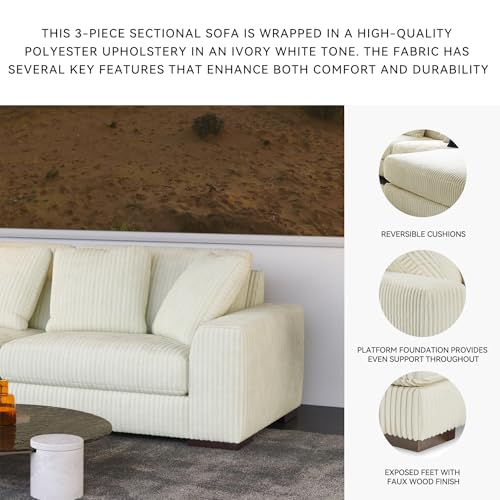 Signature Design by Ashley Lindyn 3-Piece Sectional Sofa, Deep Seat Couch, Comfy Textured Corduroy-Style Fabric, Reversible Cushions, Contemporary Living Room Furniture Set, Ivory White