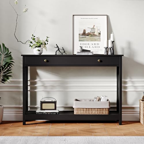 Black Console Table with Drawer and Storage Shelves, Foyer Sofa Table Narrow for Entryway, Living Room, Hallway