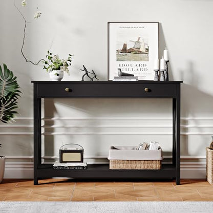 Black Console Table with Drawer and Storage Shelves, Foyer Sofa Table Narrow for Entryway, Living Room, Hallway