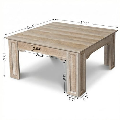 Square Coffee Table for Living Room, 39.4'' Farmhouse Wood Grain Finish Coffee Table with Carved Legs, Rustic Simple Style Center Table, Easy Assembly, Grey Wood
