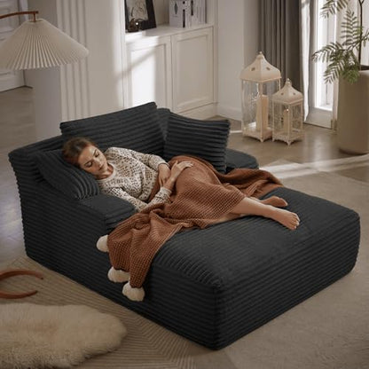 Oversized Black Corduroy Chaise Lounge with Armrests and Pillows, view 2
