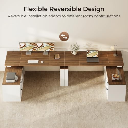 55 Inch Farmhouse L Shaped Electric Standing Desk, Walnut+White, view 7