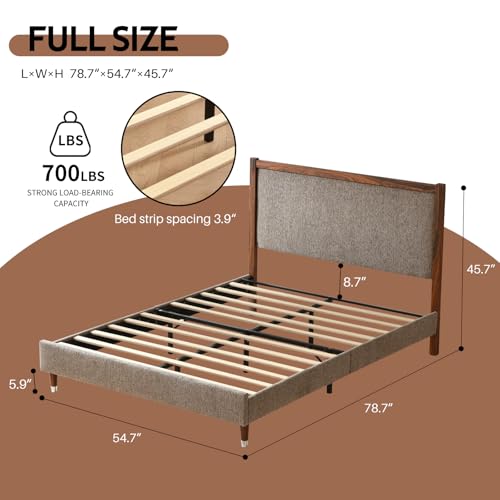 Full Size Upholstered Platform Bed Frame with Wood Trim Headboard, view 3