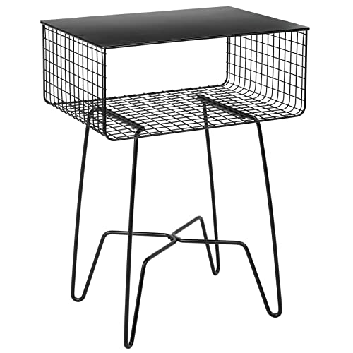 Steel Side Table Nightstand with Storage Shelf Basket for Bedroom, Living Room, Home Office; Rustic Bedside End Table, Industrial Modern Accent Furniture - Concerto Collection - Black