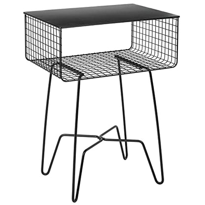 Steel Side Table Nightstand with Storage Shelf Basket for Bedroom, Living Room, Home Office; Rustic Bedside End Table, Industrial Modern Accent Furniture - Concerto Collection - Black