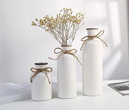 Modern Farmhouse Decor - Set of 3 White Vases, Decorative Centerpiece Accent, Ceramic Tabletop Decor for Farmhouse Living Room