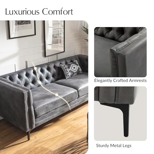84" W Faux Leather Sofa Couch with Metal Legs, Button-Tufted 3-Seater Sofa, Mid Century Modern Contemporary Upholstered Couch for Living Room, Entertainment Area, Apartment,Grey