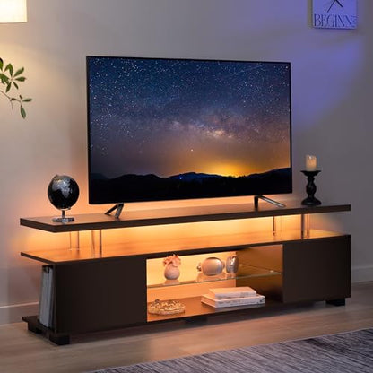 Black TV Stand,LED TV Stand for Living Room,Glass Entertainment Center TV Stand, TV Console Tables for Living Room,Bedroom,Home Office