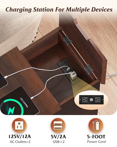 End Table with Charging Station, Narrow Side Table with Drawer & Cabinet, Side Table with Adjustable Shelf for Living Room/Bedroom, Wooden Nightstand with Hidden USB Ports and Outlets, Espresso
