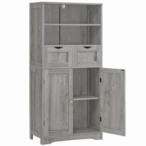 Storage Cabinet with 2 Drawers & Adjustable Shelf, Tall Bathroom Cabinet with Doors, Cupboard, Kitchen Cabinets for Living Room, Dining Room, Entryway, Grey