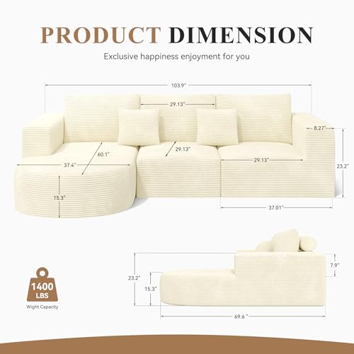 L-Shaped Boneless Couch,104" Couches for Living Room with Curved Chaise,Modular Sectional Sofa with Deep Seat,Modern Cozy Cloud Compression Sofas,No Assembly Required(Beige) 1PCS